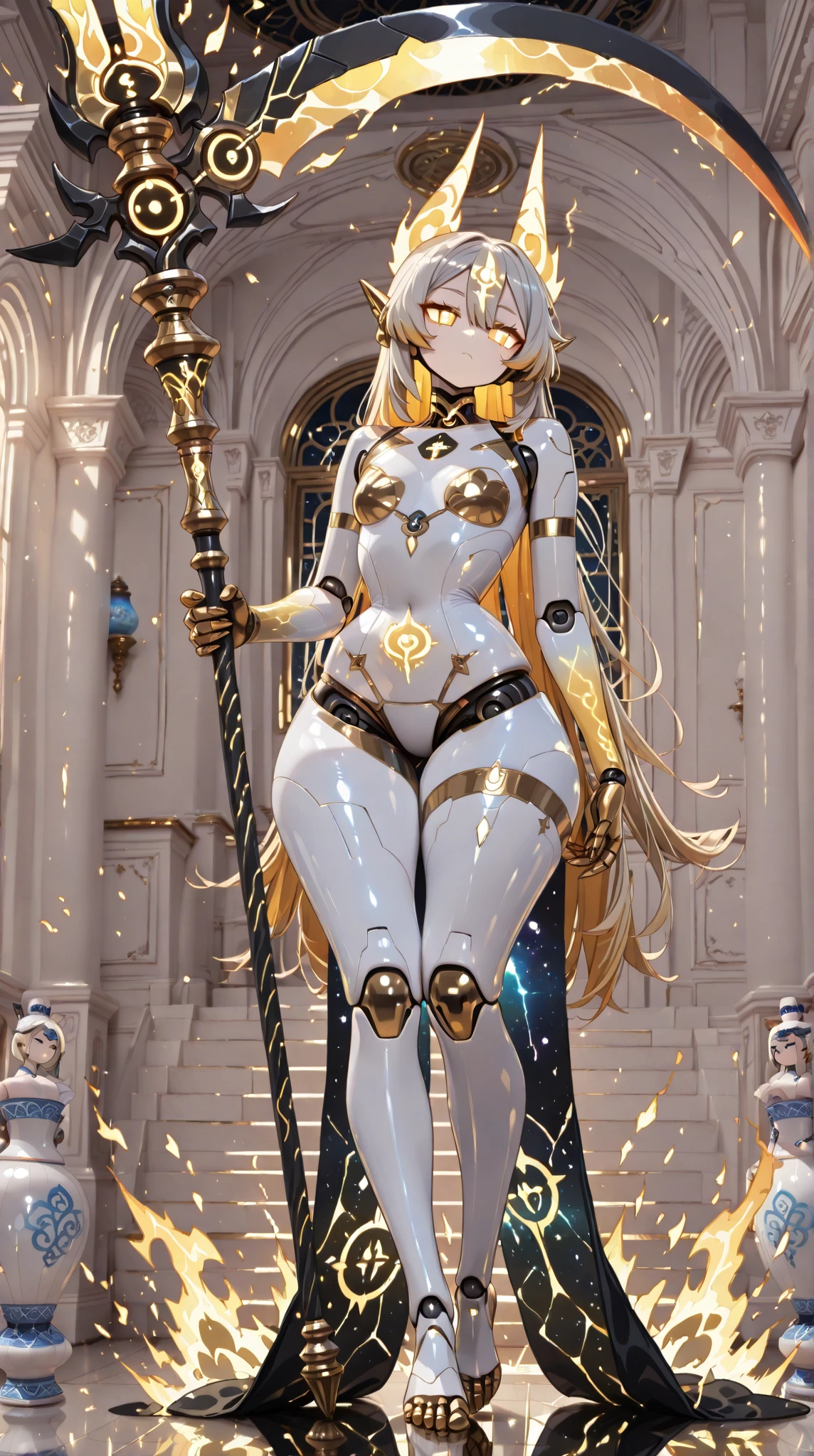 masterpiece, full body,1girl, colored skin, ((legs spread)), (white skin:1.4), ((bald head)),walking Away, large breasts, (large ass:2.0), intricate gold jewelry, (pasties:1.5), gold armlet, detailed background, cyberpunk bar, whitefire lights, dystopian future, ((shiny skin)), glistening skin, huge breasts, toned back muscles, beautiful light matter, detailed eyes, detailed face, mature face, athletic body, looking at viewers,full body, light smiles,((tiny breasts:1.4)), detailed skin, colored skin(white skin:1.7), (((bald))), mature body, tall body,seductive body,medium big breast, medium thigh,((skinhead)), detailed clothes BREAK desert and skull backgrounds, holding only one long and thick light scepter,((gigantic asses:1.3)), highly saturating beams, holy ceremony, halo, golden and red spark dazzling around, holy magic circle, crown , golden majical lightning, best quality, masterpiece, trending on Art station,BREAK,Detailed,Realistic,4k highly detailed digital art,octane render, bioluminescent, cinematic lighting BREAK 8K resolution concept art, realism,by Mappa studios,masterpiece,best quality,official art,illustration,ligne claire,(cool_color),perfect composition,absurdres, fantasy,focuse, white and gold color palette,(((stands on cracked pedestal))), (gold ass)(gold breastplate)