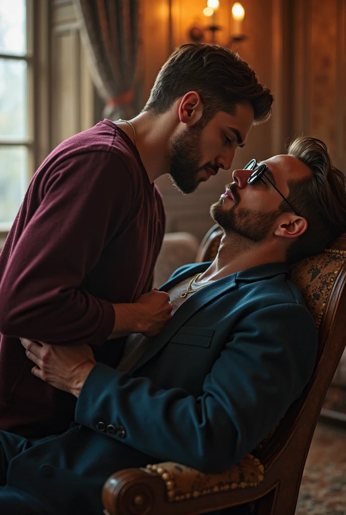 A couple of guys kissing against a bookshelf in a library