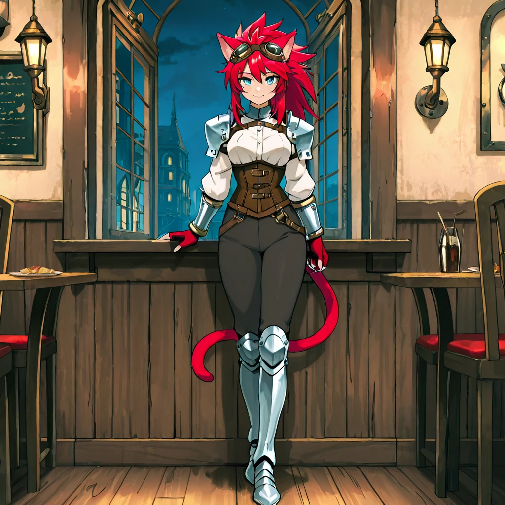 best quality, masterpiece, 2d, intricate details, anime, anime style, full body picture, catgirl, 1girl, red hair, spiked hair, blue eyes, enchanting eyes, wild hair, long hair, small smile, animal ears, red ears, red cat tail, cat ears, thighs, red hands, short claws, wearing steampunk armor, shoulder armor, wearing silver bracers, white shirt, corset, goggles on forehead, dark pants, silver armored boots with claws, standing in a restaurant, at night,