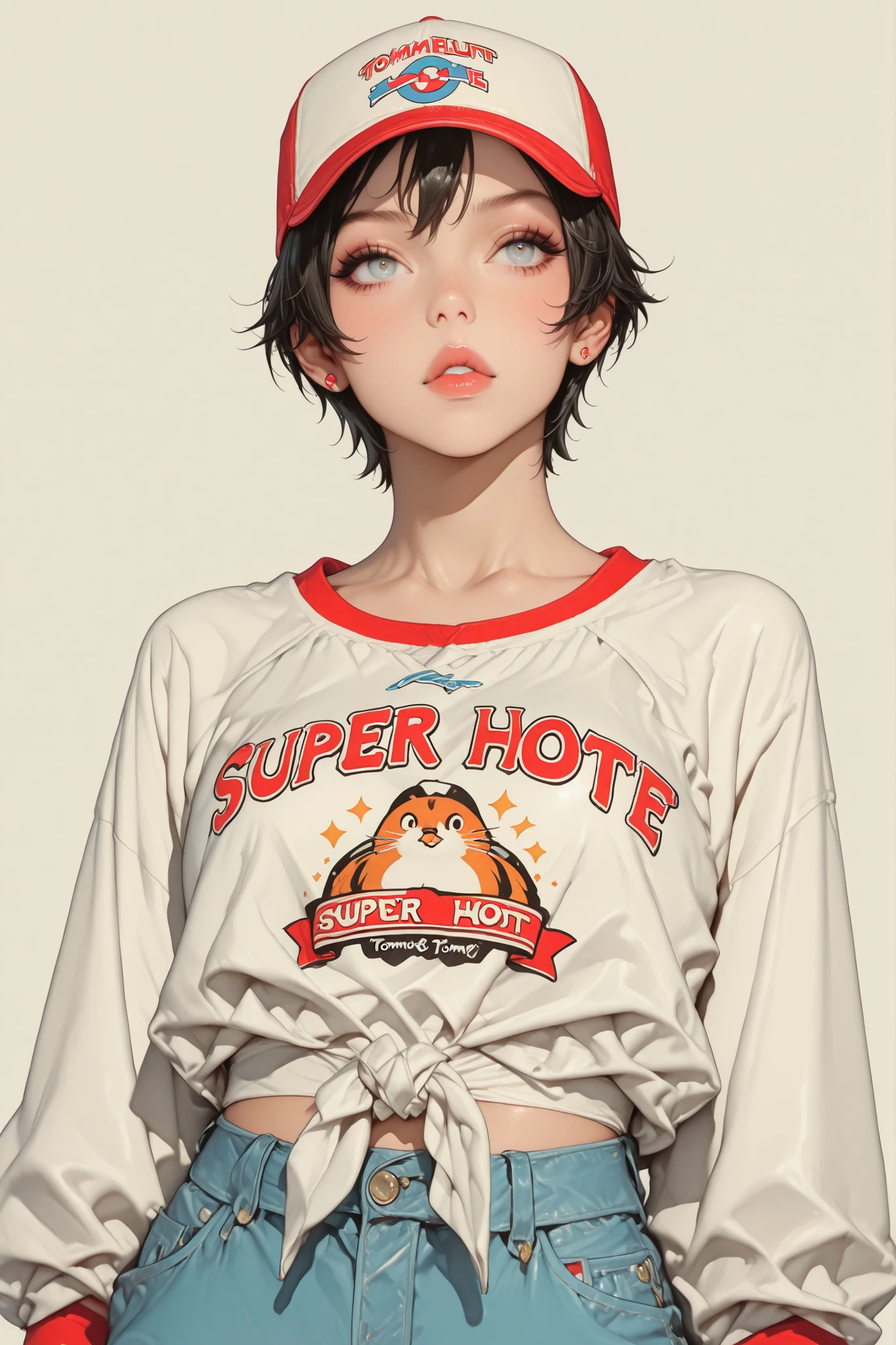 waist up beauty shape super cute hot realist tomboy, big , cap backwards