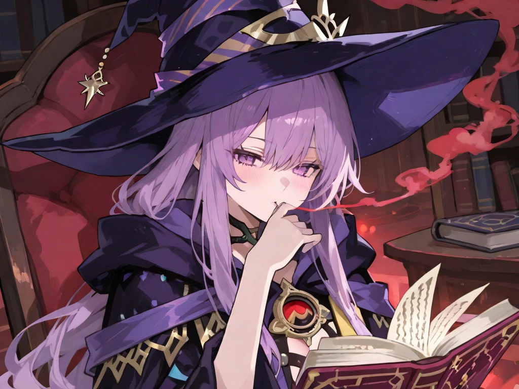 plymouth_\(azane\),purple_eyes,purple_hair,blunt_bangs,long hair, naked_cape,witch hat, cauldron,witch,night, book,solo focus, from above, night,candle,brick wall, brick floor,large breasts,, masterpiece, best quality, high contrast,