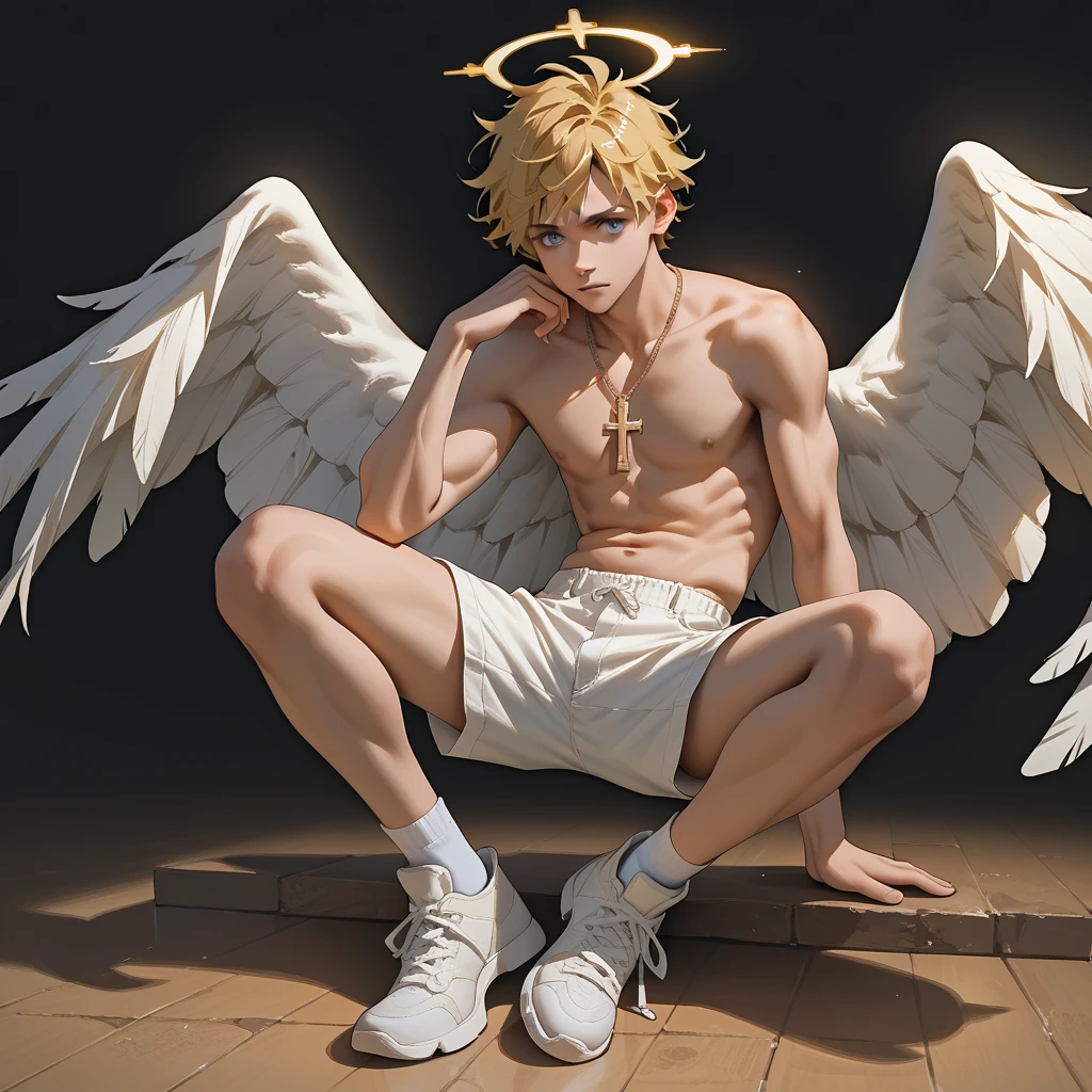 short haired guy with angel wings 6 wings 6 pack body wearing open chest shirt with chain necklace, 8K high definition sun cloud scene, Best quality, Masterpiece, Ultra high definition, ( Realism: 1.4), Original image, (Actual skin texture: 1.3), (Film grain: 1.3), (Panoramic angle )