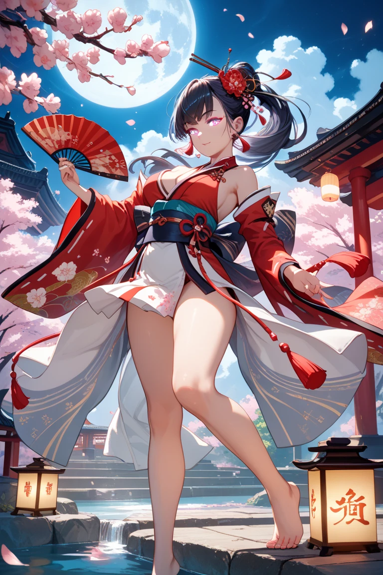 Girl in shrine maiden outfit, black hair, smile, night, torii gate, shrine, talisman, solemn