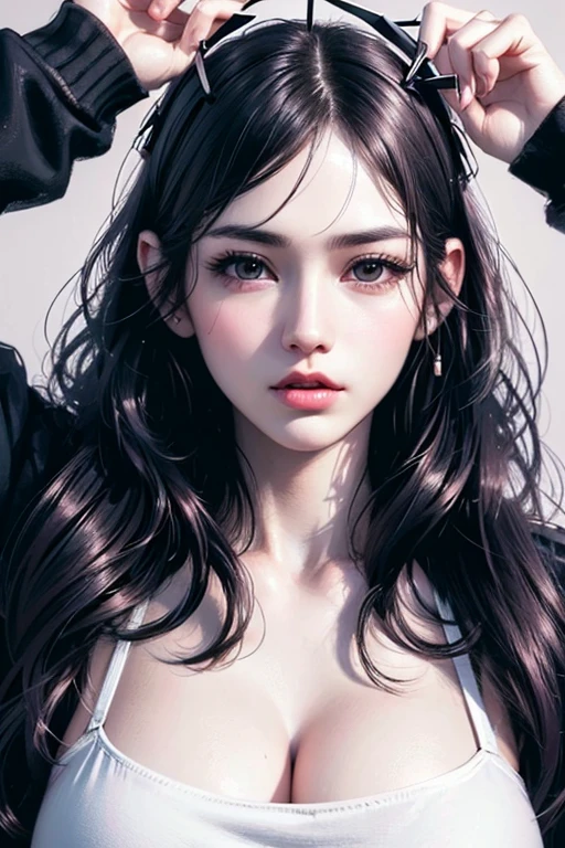 masterpiece, best quality, Extremely detailed, Best shadow, Beautiful and delicate face, Beautiful and delicate eyes, High contrast,, 1 Girl, Large Breasts, Bangs, Hair covering one eye, Bare shoulders,, White background:1.3, (Face Focus:1.3, Eye close-up:1.3),
