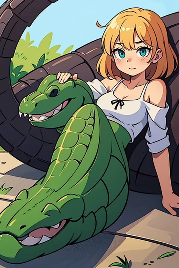 aligator anime girl with aligator hands and feet and an aligator tail, cute but big aligator head with a semi short snout, sorta big anime eyes, no hair. real alligator standing on two legs