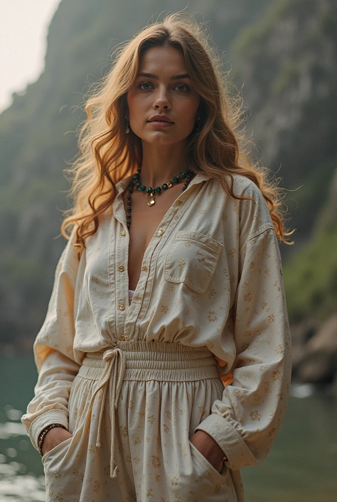Flamme, (young Lena Headey:Evangeline Lilly), A 14-year-old woman with blond hair, intense blue eyes, sideburns, one large braid, a gold necklace with a ruby pendant, dressed in a white Greek tunic and Roman sandals, with gold bracelets on her arms, forest in the background, masterpiece, hyperdetailed,((1girl)) ,bangs,braided ponytail,single braid, blond hair,very long hair,sidelocks,red earrings,hair over one eye,