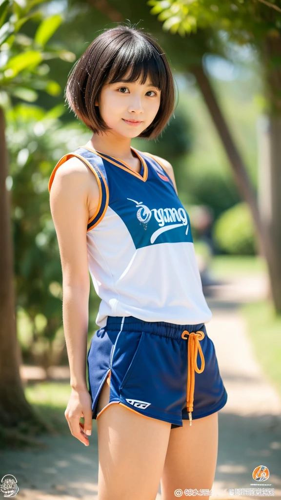 Picture taken from the front, with the left and right sides equally spaced, draw symmetrically, simple background, equally spaced left and right, stand upright, cowboy shot, (arms behind back:1.5), One cheerleader girl, 18 years old, very short hair, ((tanktop, gym shorts))