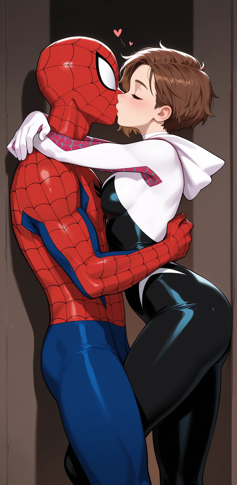 Spider-Man Peter Parker(unmasked) is hugging and kissing and making out with Spider-Gwen(unmasked).
