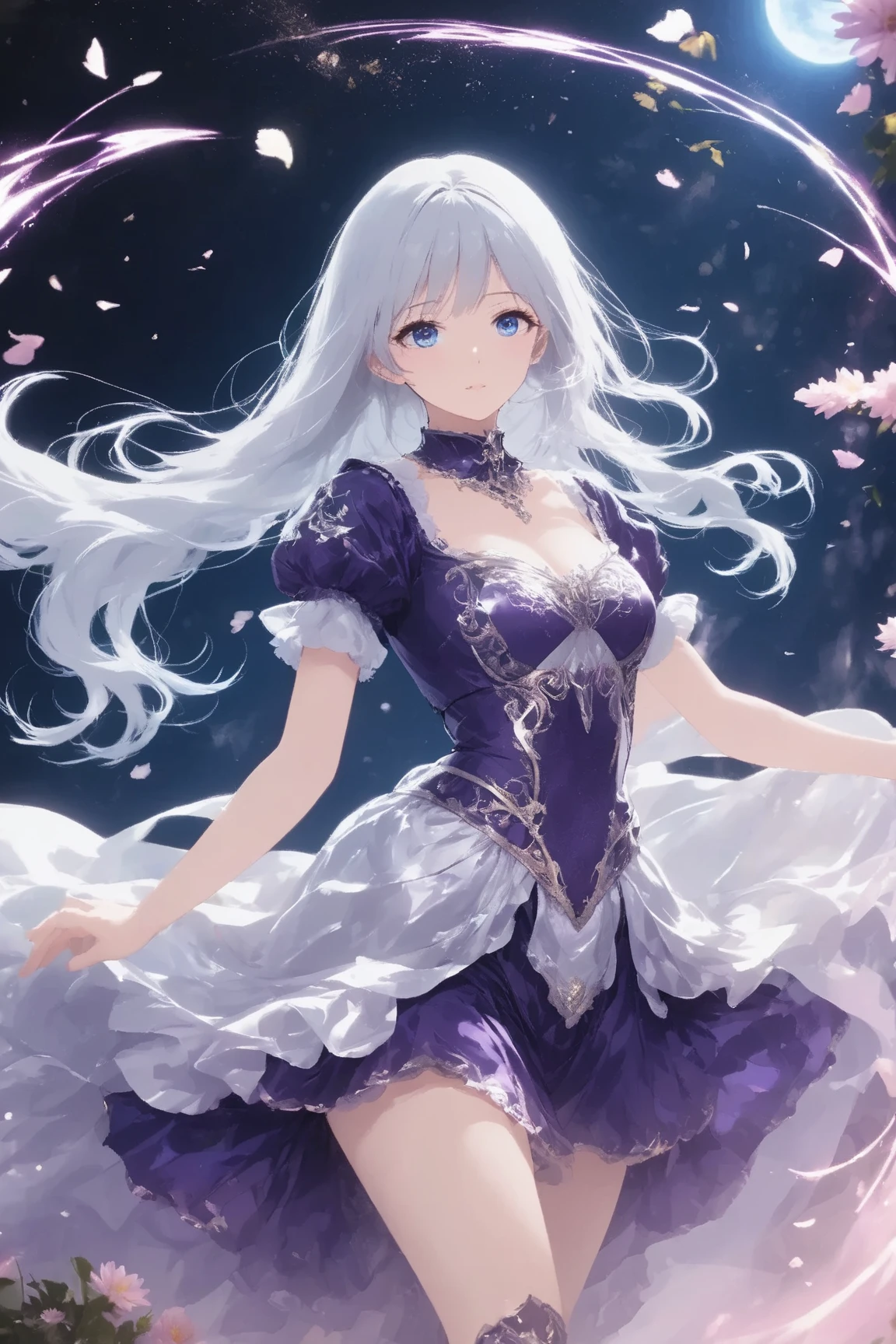 Princess, princess dress, purple dress, puffy sleeves, breasts, tan skin, crown, long hair, silver hair, blue eyes, teasing, diamonds, jewelry, earings, water, wet, 1girl, solo, mastrpiece