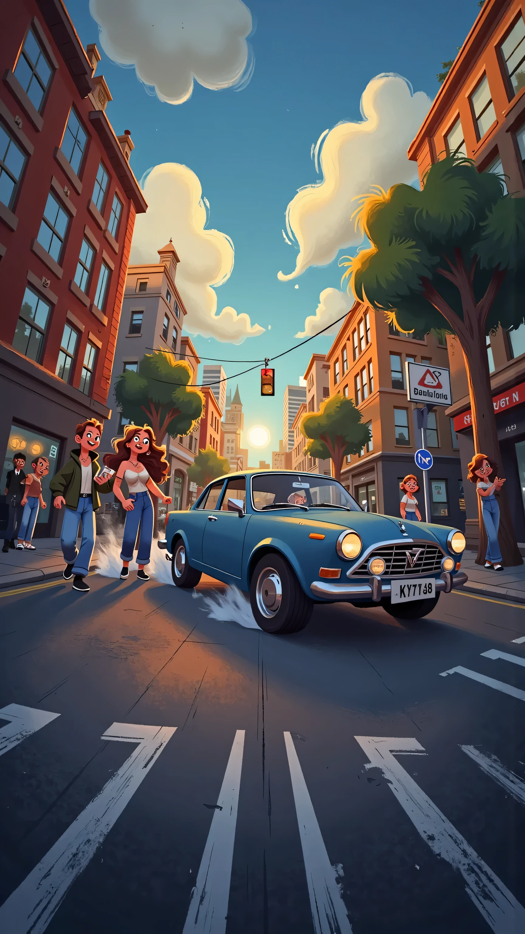 panoramic front lens+hand shake，creates a real sense of thrill；A blue car brakes urgently，Slightly rubbed；On a cloudy street corner，Open and bright； illustration style ；Three Perspectives