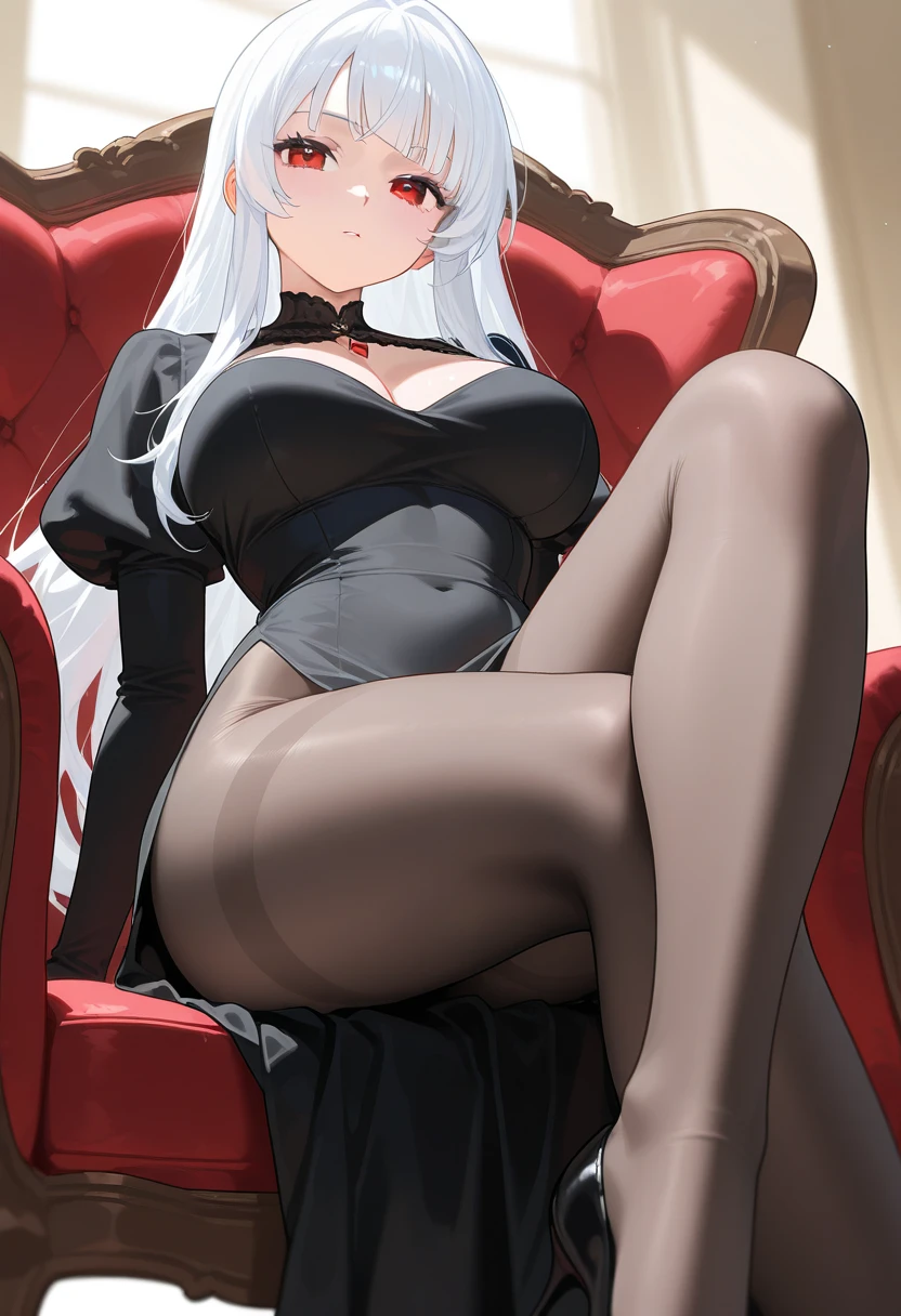the best, masterpiece, HD, (whole body), Frontal lobe, symmetry, Mature girl, Solitary, (whole body from head to toe), Large Breasts, Long hair, slightly Messy hair, (Black pantyhose), ( (Black pantyhose), Black pantyhose, composition White, slender beautiful leg, A very beautiful 17 year old girl (No shoes) leg), blush, Shy big eyes, Messy hair, looking at camera, White, White Frilly Lingerie, 