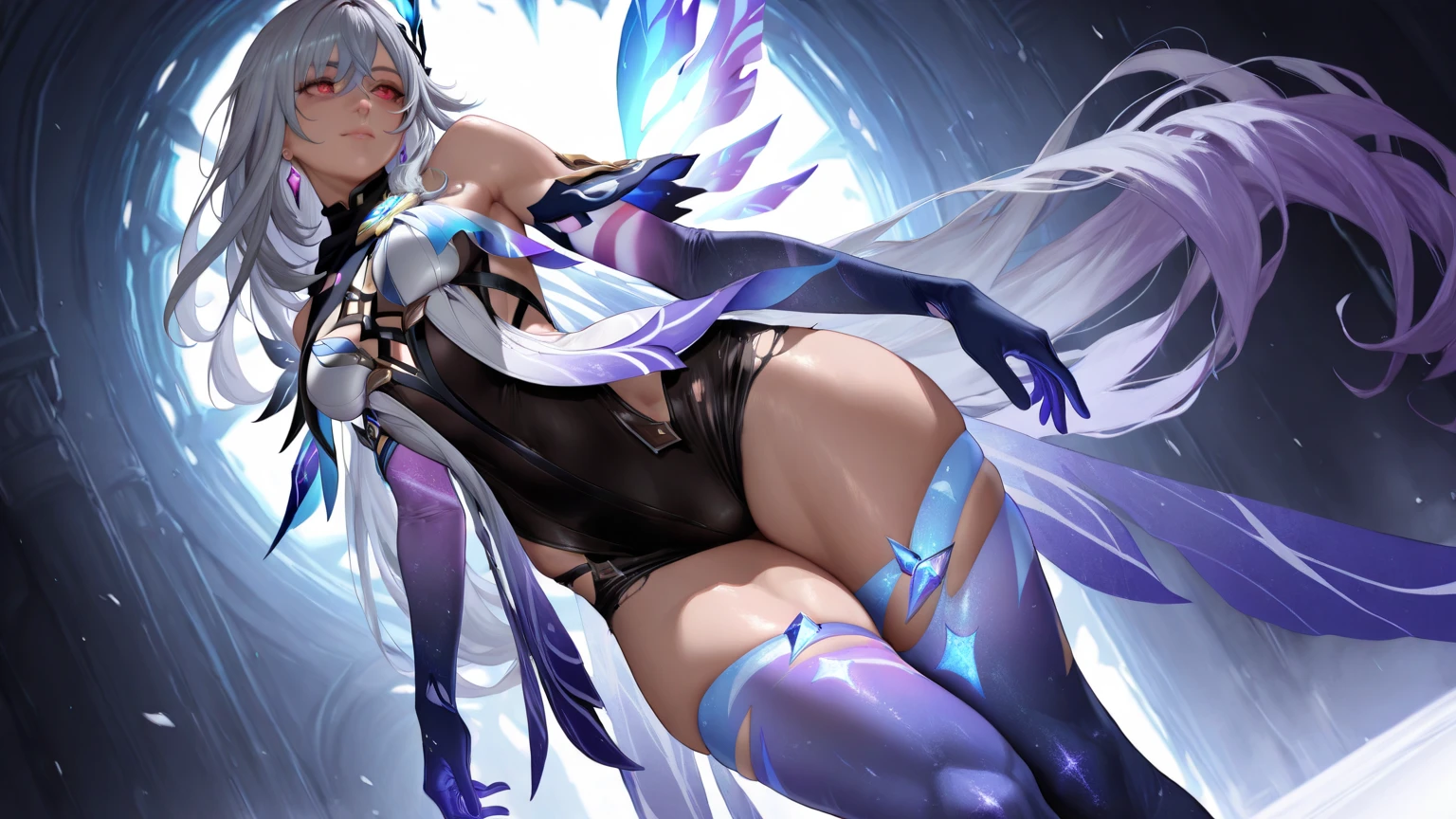 Beautiful white female tomboy piloting giant white luxurious advanced mech-suit taller than skyscrapers, dossel aberto, tight shiny black latex outfit, pixie-corte, rosto de enquadramento de cabelo, franjas longas, suado, early in the morning, Poor lighting, nublado, Seios grandes, (:0.7), cintura muito estreita, quadris largos, dynamic pose, dynamic angle
