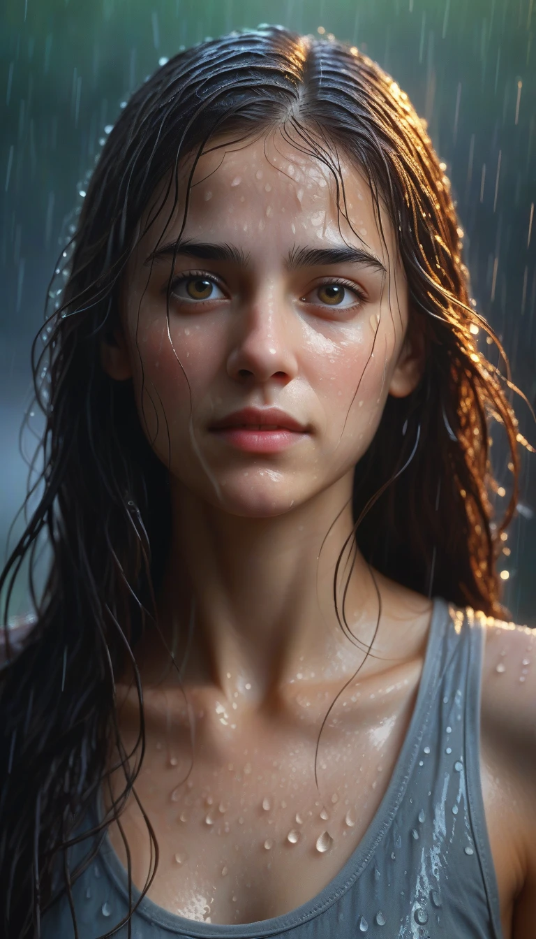 (best quality,4k,8k,highres,masterpiece:1.2),ultra-detailed,(realistic,photorealistic,photo-realistic:1.37),vivid colors,soft lighting,portrait,raining day,beautiful detailed eyes,beautiful detailed lips,extremely detailed face,medium:oil painting,water droplets on the face,reflective surfaces,moist skin,the girl's face in close-up,oil painting brush strokes,facial expressions in the rain,shimmering colors,wet hair,emotional gaze,splashing raindrops,gentle mist,mysterious atmosphere,subtle reflections.