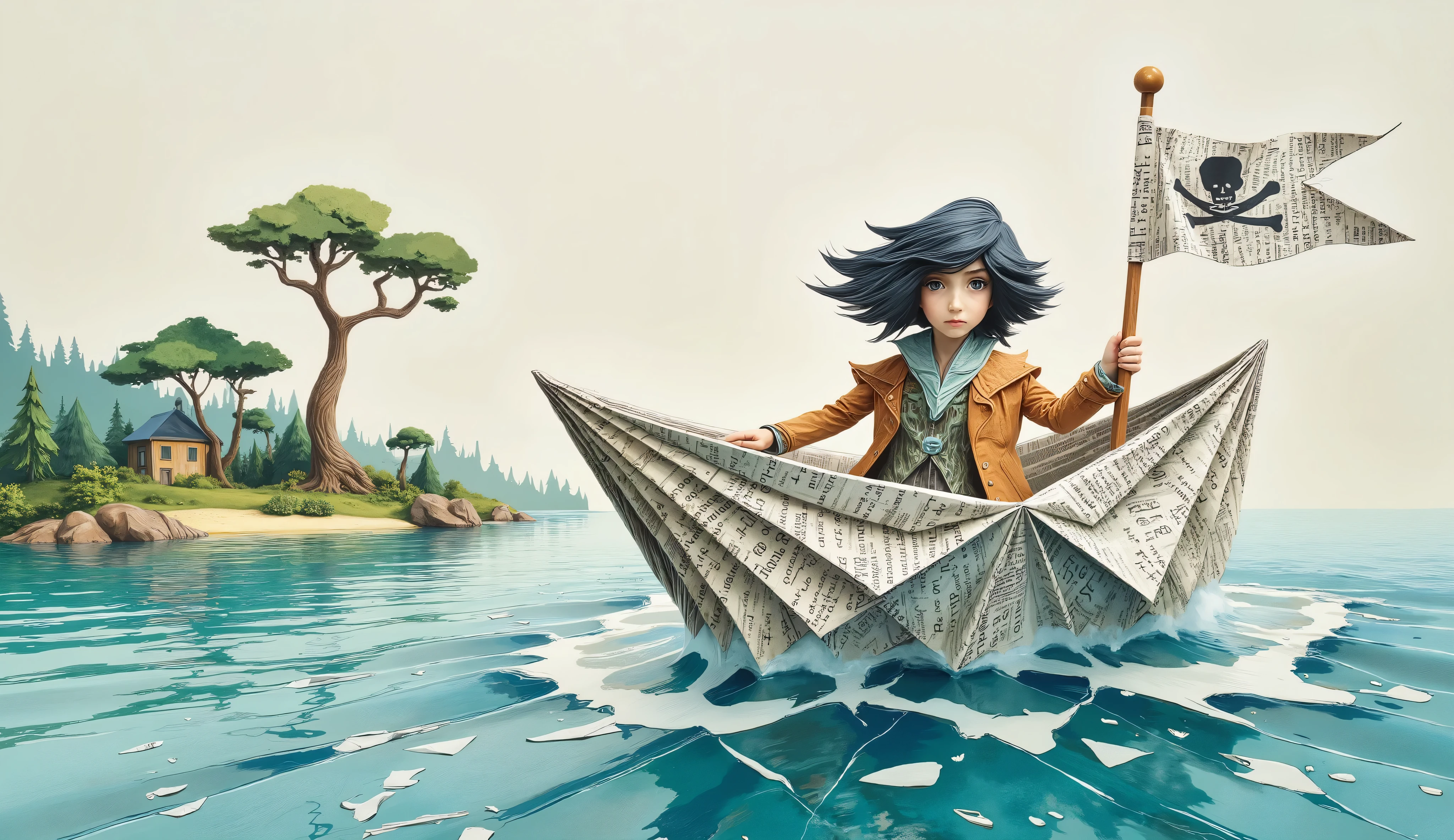 whimsical art style, illustration, a girl in a paper boat (origami style), made of newspaper pages, on the boat there is a pirate flag, the boat is on the sea heading towards an island with a forest and vegetation, illustration, whimsical art style, fun image.