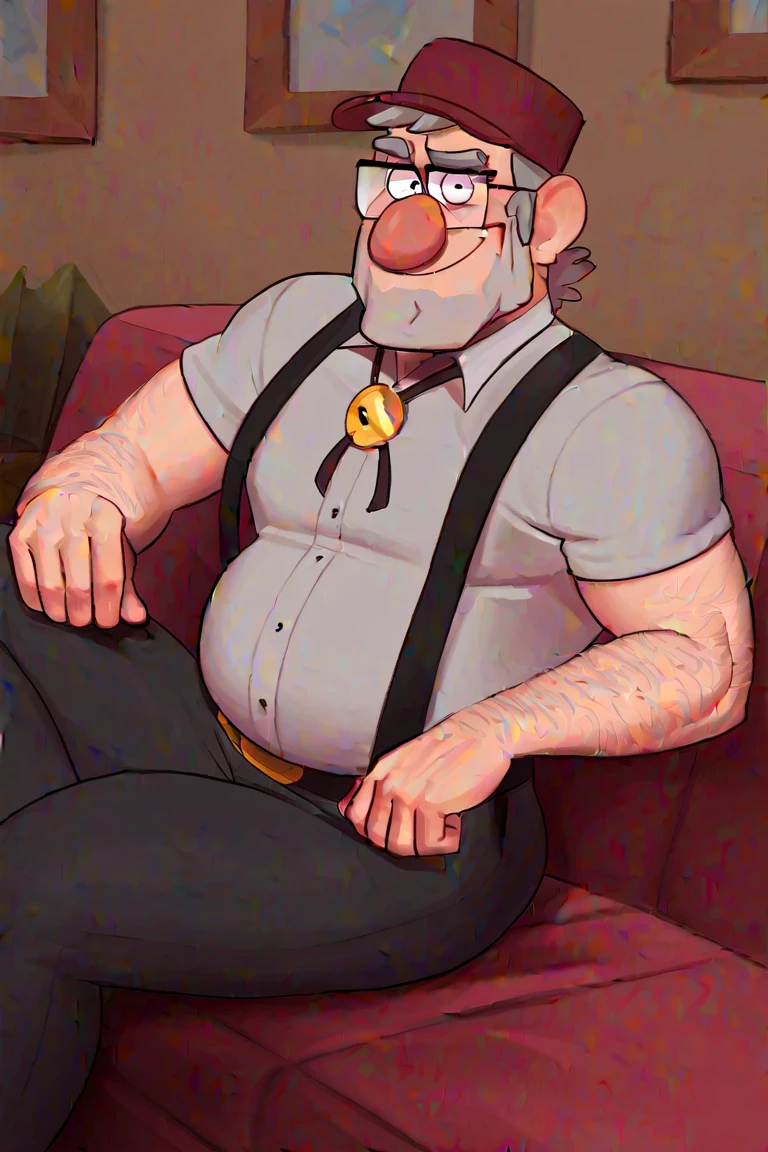 (masterpiece), top quality, photorealistic, hyperrealism, absurdres, tack sharp, subsurface scattering, 8k, HDR, 35mm, professional photography, RAW, (handsome mature man plump chubby morbid extremely thick thighs bulging belly fat), older man, gray hair, white man, ( wearing,boots,stubble,police chief,bage,beard,old man,indoors,necktie,sitting,spread legs,), bulge, detailed glade on clothing, (fat and corpulent: 1.3), full beard very long, looking at the viewer, handsome man, detailed eyes, symmetrical face, mischievous smile, robust, mustache, longer hair, his body is lying sideways on the floor, front view. Arte conceitual hiper detalhada imagem dinâmica.