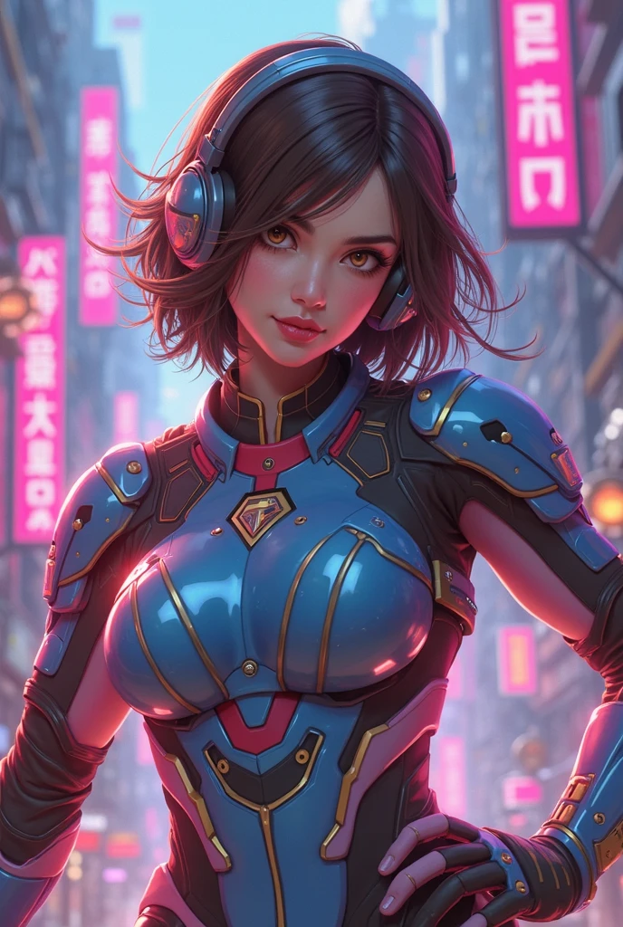 using earphone piercing gaze,hourglass body, wearing robot suit short brown hair light brown eyes ,with purple and blue theme