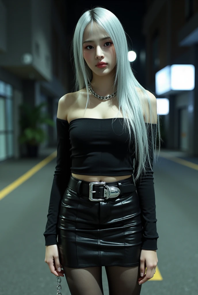((Best Quality)), ((Masterpiece)), (HD:1.3), 3D, Beautiful (Cyberpunk:1.3) Colored hair, tights, short skirt, black clothes looking at camera, young, hacker woman exposed, sticking out,, seduction, hips, crotch, white liquid on top, new Tokyo