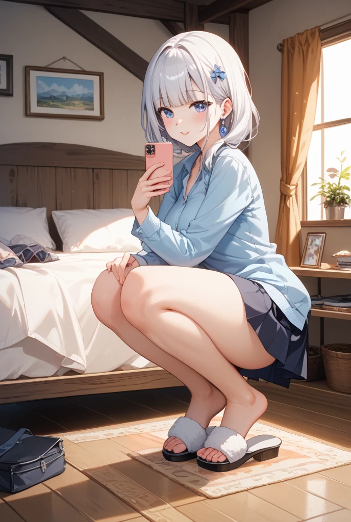 Relaxing in a room, electric fan, girl in shorts and short sleeves