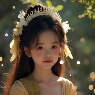 Surreal photos，Nine-Colored Deer Guardian，High-resolution photos，The beautiful nine-colored deer in mythology，A peaceful and dreamy scene，A little girl in Hanfu sits next to a mysterious nine-colored deer，(((Eating donuts)))，Donut crumbs fell on the ground，Bitten donut，Detailed donut eating action，The little girl is very cute，Detailed facial details，The background is a magical forest full of spirituality，Create a soft and ethereal atmosphere。The overall composition is beautiful
