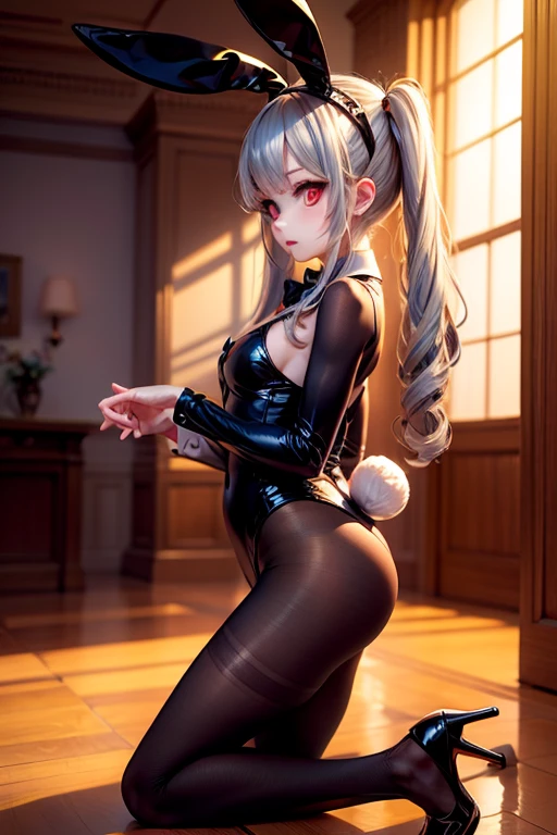 Highest quality、、(Bunny girl)、tights、High heels、Glossy Bunny Suit、((On all fours))、Attach your elbows to the ground、Attach the chest to the ground、Put your knees on the ground、Spread your knees wide from side to side、Futuristic Living Room、、Room with houseplants、Illuminations of the city can be seen from the window、Night view、Silver short hair、Beautiful Eyes、Beautiful Face、Delicate eyes、((Butt close-up))