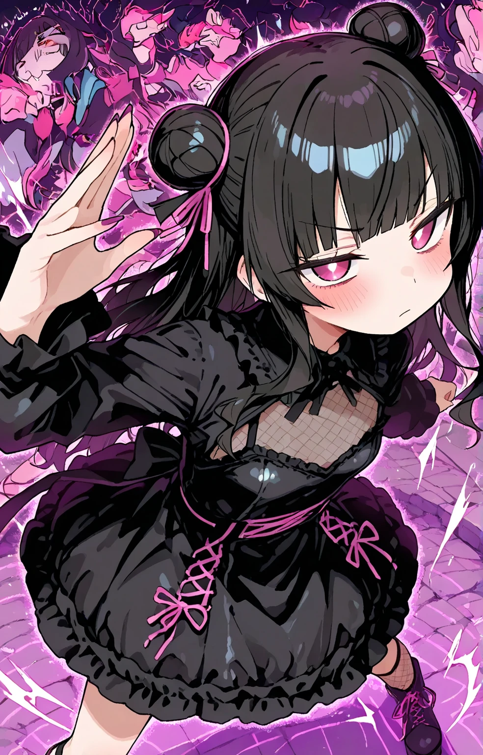 ((Girl fused with tentacles. Tentacles from the skirt)). School uniform. Black costume. A dark-haired. The long-haired. Cropped bangs. natta.two eyes sticking out of the head,,. facing front. A creature with a large mouth peeks out from above. Invincible smile. Short skirt. natta. Back alley