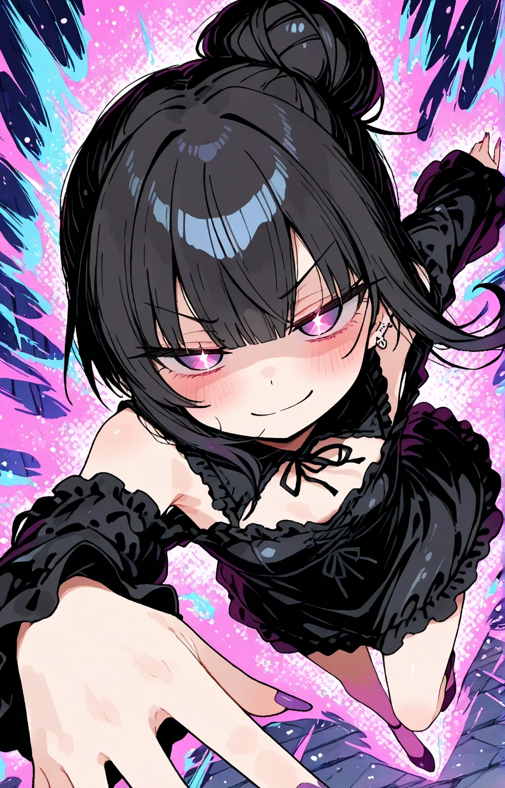 masterpiece,best quality,black disheveled hair, black dress, chompette, close-up,sharp teeth, grin,chains, chain chomps