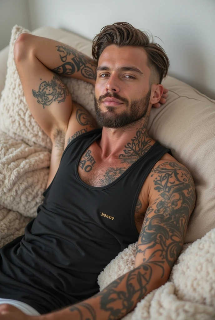 Attractive man sitting on the edge of the bed and a tattoo with the name Karina on his abdomen