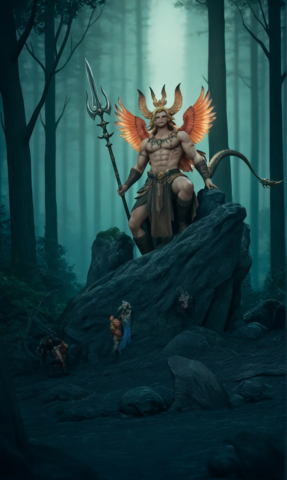 A bronze sculpture depicting a muscular figure of Jesus, crowned with thorns and holding a cross, triumphantly confronting a demon-like figure with horns and wings. The setting features lush greenery and other bronze statues in the background, representing various figures in religious attire. The dramatic pose and detailed expressions convey a powerful struggle between good and evil.