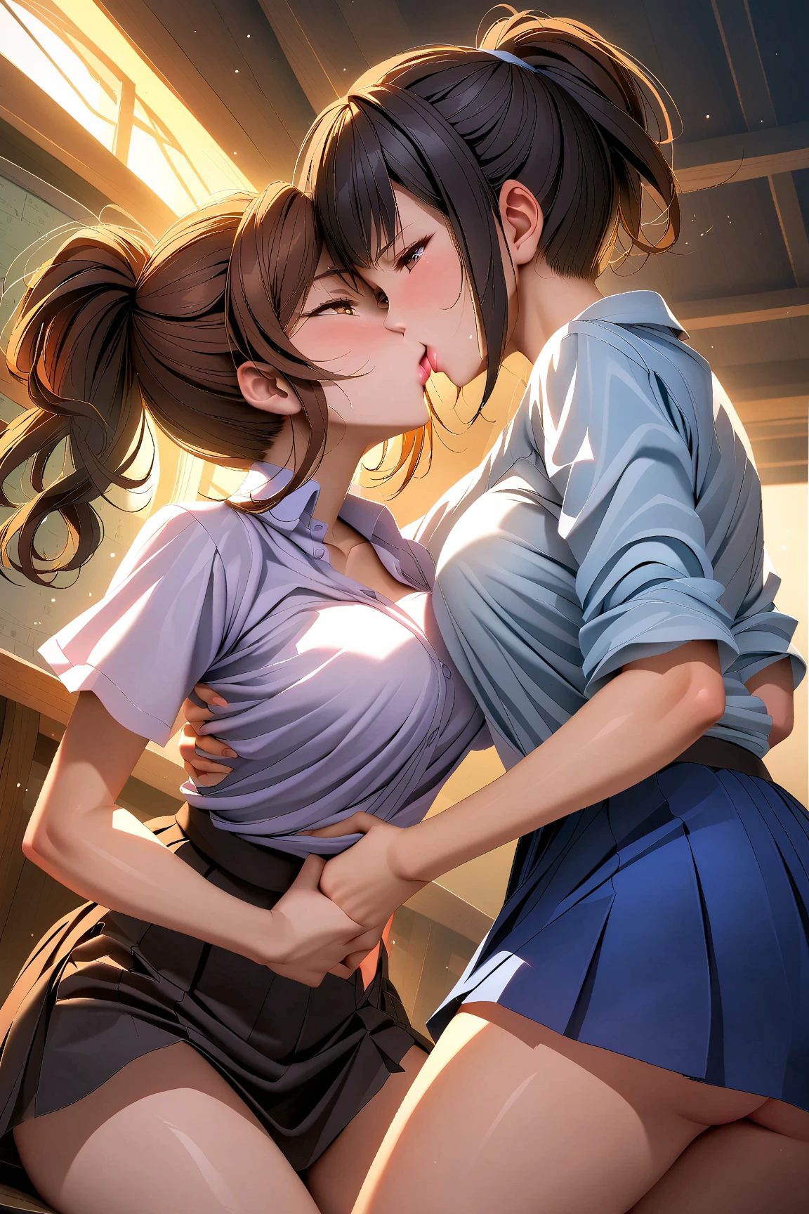 (((masterpiece, Highest quality, High resolution, 超High resolution, Pixel perfect, Written boundary depth, 4K, About RTTX10.0))), Beautiful Anime Women, Beautiful art style, Anime characters, ((Smooth texture, Realistic texture, Anime CG Style)), Exact finger count、Exact number of legs、(Exact number of arms:1.0, Exact number of hands:1.0), (Perfect hands, Perfect Anatomy), Cinematic, Realistic, Highly detailed CG, Daytime lighting, Perfect lighting, Best Shadow, The best natural light, whole body, Perfect body, (Slender body:1.2), whole body, ((bangs, Dark brown hair, ponytail)), ((Two women kneel and intertwine their tongues:1.7)), ((Beautiful eyelashes)), ((Detailed face, Blushing:1.2)), (Beautiful and large breasts:0.9), (Amazingly beautiful girl), (School classroom:1.3), (Fashionable white shirt, Sailor collar, Navy blue sailor suit, Knee-high socks, Navy pleated mini skirt:1.3), (Open your mouth wide:1.5), (セクシーでcuteパンティ, Shiny satin side-tie light blue panties, Light blue panties with a plain center and lace on the sides:1.3), ((close your eyes:1)), ((cute, Sighing expression)), Breathe with your shoulders, sexual pleasure expression, Holding in pee、Patience is the limit、On the brink of climax, (Perfect Anatomy, Perfect number of arms, Perfect hands)、(cum on face, cumin mouth:1.1), Side angle, (My face is covered in sticky white liquid, There is a lot of sticky in the mouth:1.1)