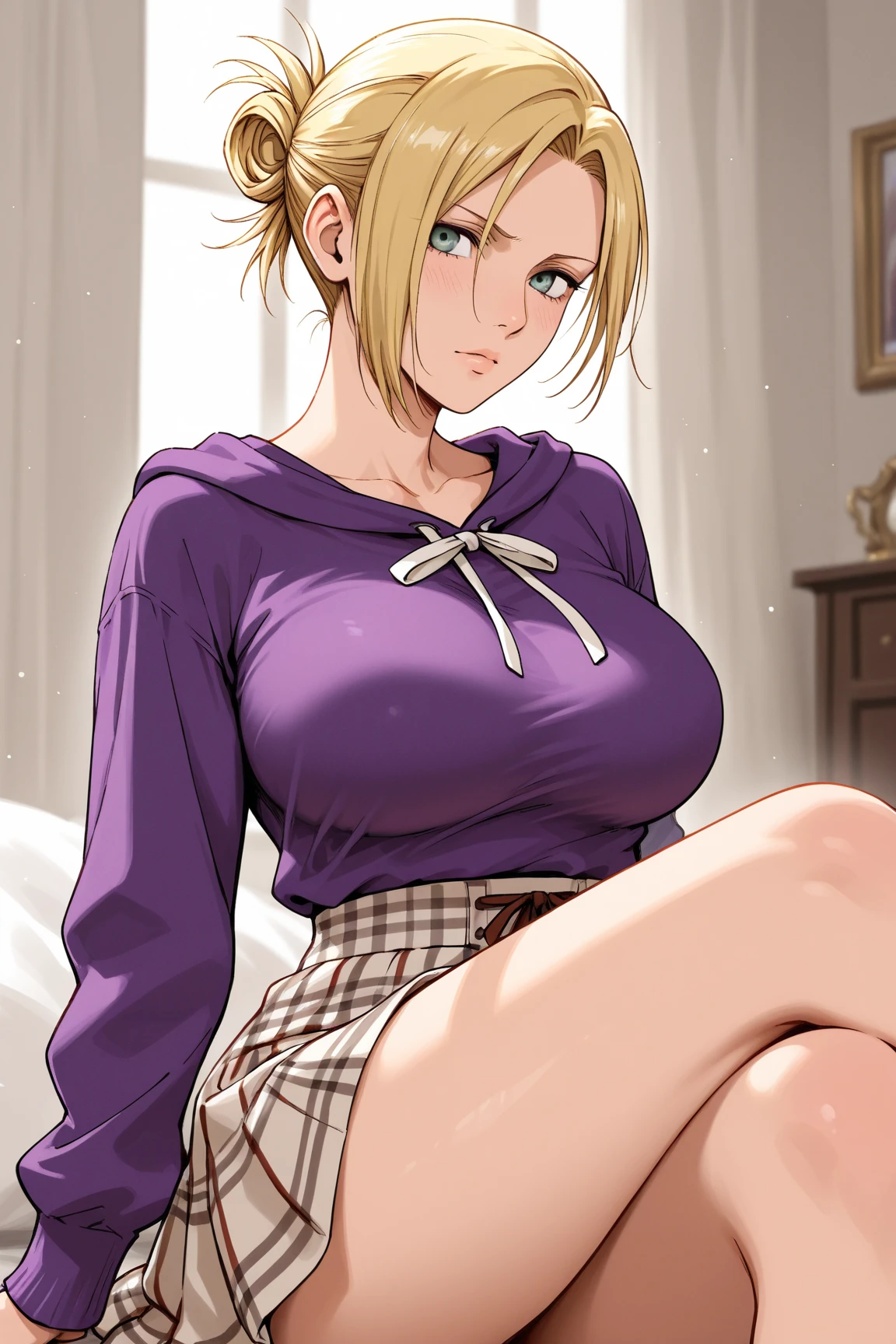Eri Ayase、lovelive 、One Woman、Cute Woman、Thick thighs、Best image quality、High resolution、masterpiece、super high quality、Spread your legsしゃがむ、Orgasm Facial、A seductive smile、Spread your legsしゃがむ、purple lace bra、Purple lace panties、Big Ass、Large Breasts 、Blushing、4K quality、Blushing、Proud face、Wearing black knee socks、bed、Spread your legsしゃがむ、Panty shot、Sweaty all over、Heavy breathing、Chest is bobbing up and down、heart、Condescending look、Low Angle、Zoom in on the crotch、Cowboy Shot、Sit on the living room couch with your knees raised, Spread your legs