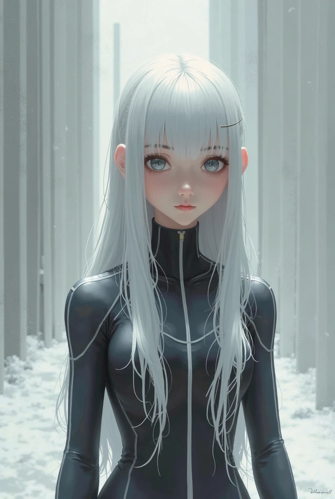 a man with white skin, long white hair, pastel blue eyes, his face emits sadness, and with pierced lips and nose, anime, tired look, tired face, young, latex bodysuit, white clothes, femboy look like, with a bulge between his legs.