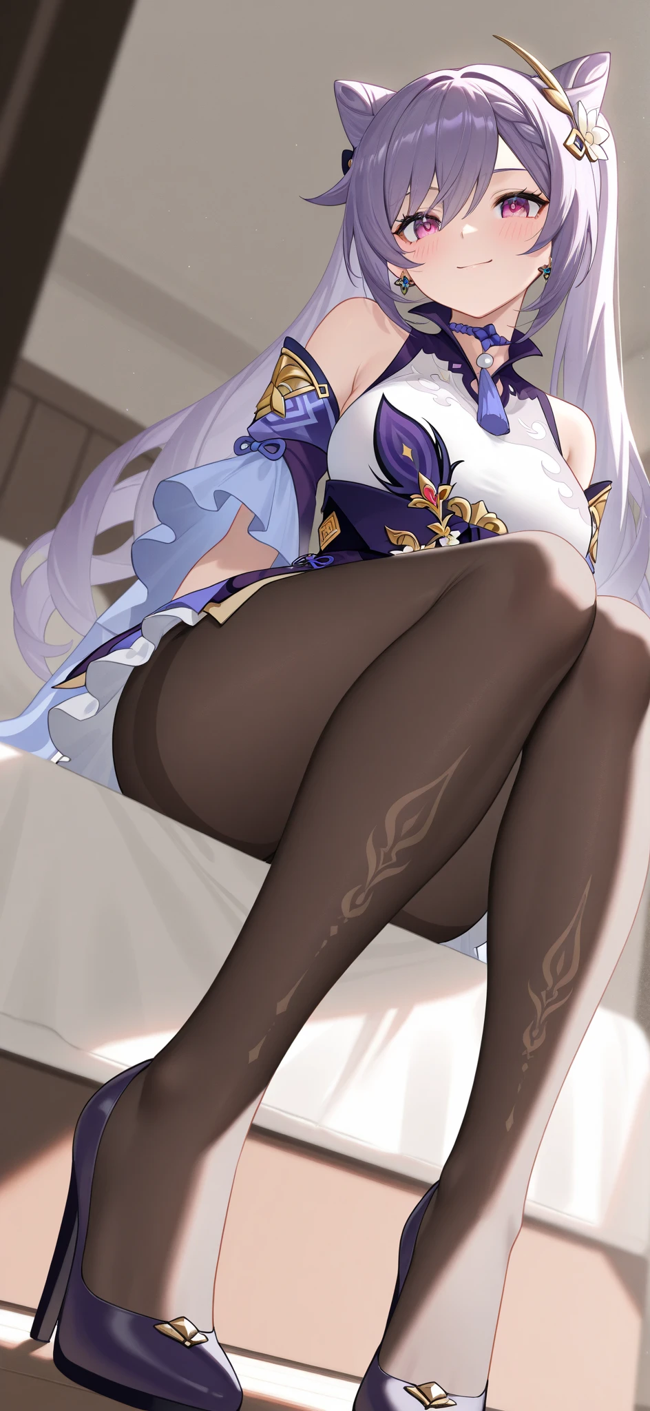 ((Лучшее качество)), ((шедевр)), (подробный), Keqing of Genshin jerks off with her legs in pantyhose dick