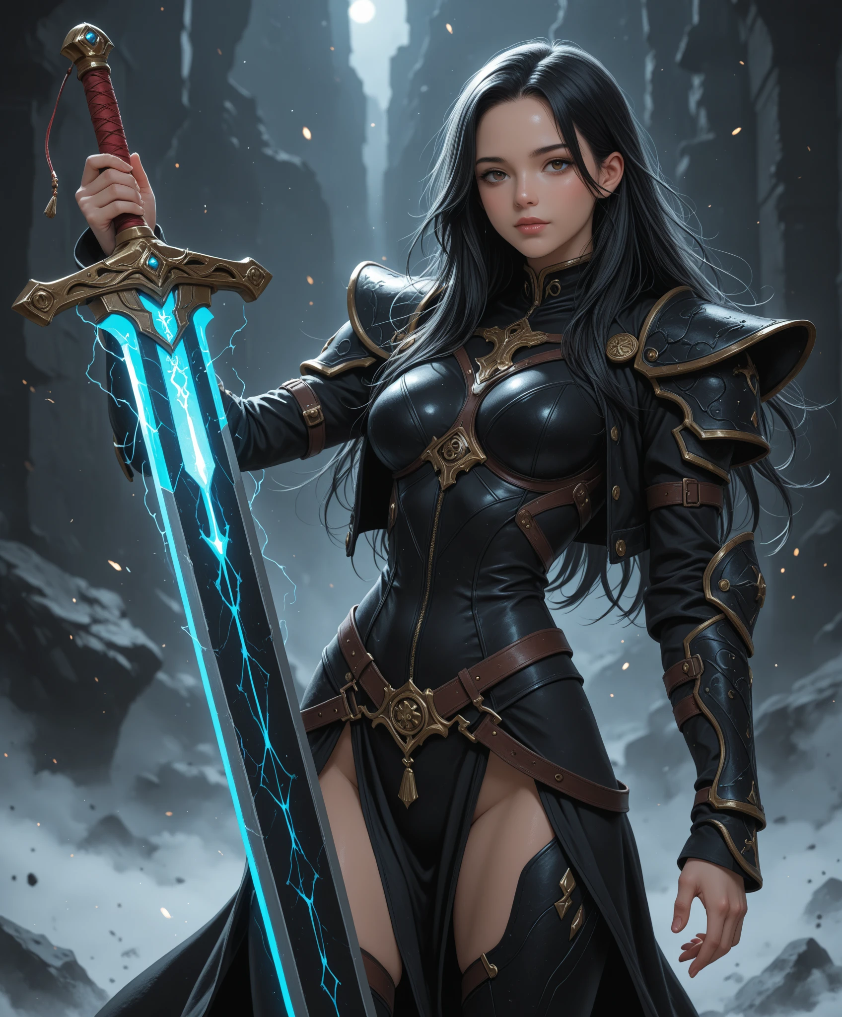 ((masterpiece, best quality)),a girl holding a sword, in the style of dark azure and light azure, mixes realistic and fantastical elements, vibrant manga, uhd image, glassy translucence, vibrant illustrations。