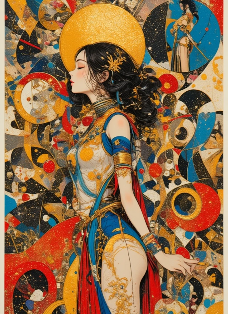 John Berkey style, alphonse mucha style, Berlin Secession style, Art Deco style, portrait of a beautiful woman, small breasts, intricate dress, soft smile, red lips, blue eyes, black long hair, messy hair, Long-exposure, Arabesque, backlighting