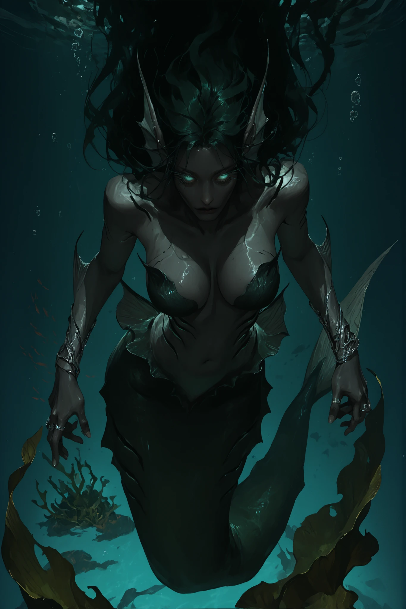 solo, female, beautiful, close up, silver rings, extremely long dark green hair, reflective eyes, glowing eyes, long eyelashes, thin waist, curvaceous, extremely pale, mermaid, ear fins, gills on sides, very dark, deep sea, undead, abyssal, close up, swimming, very large breasts, decrepit jewelry, decrepit gown, pinup pose, underwater, kelp, POV, approaching, perfect face, scary atmosphere