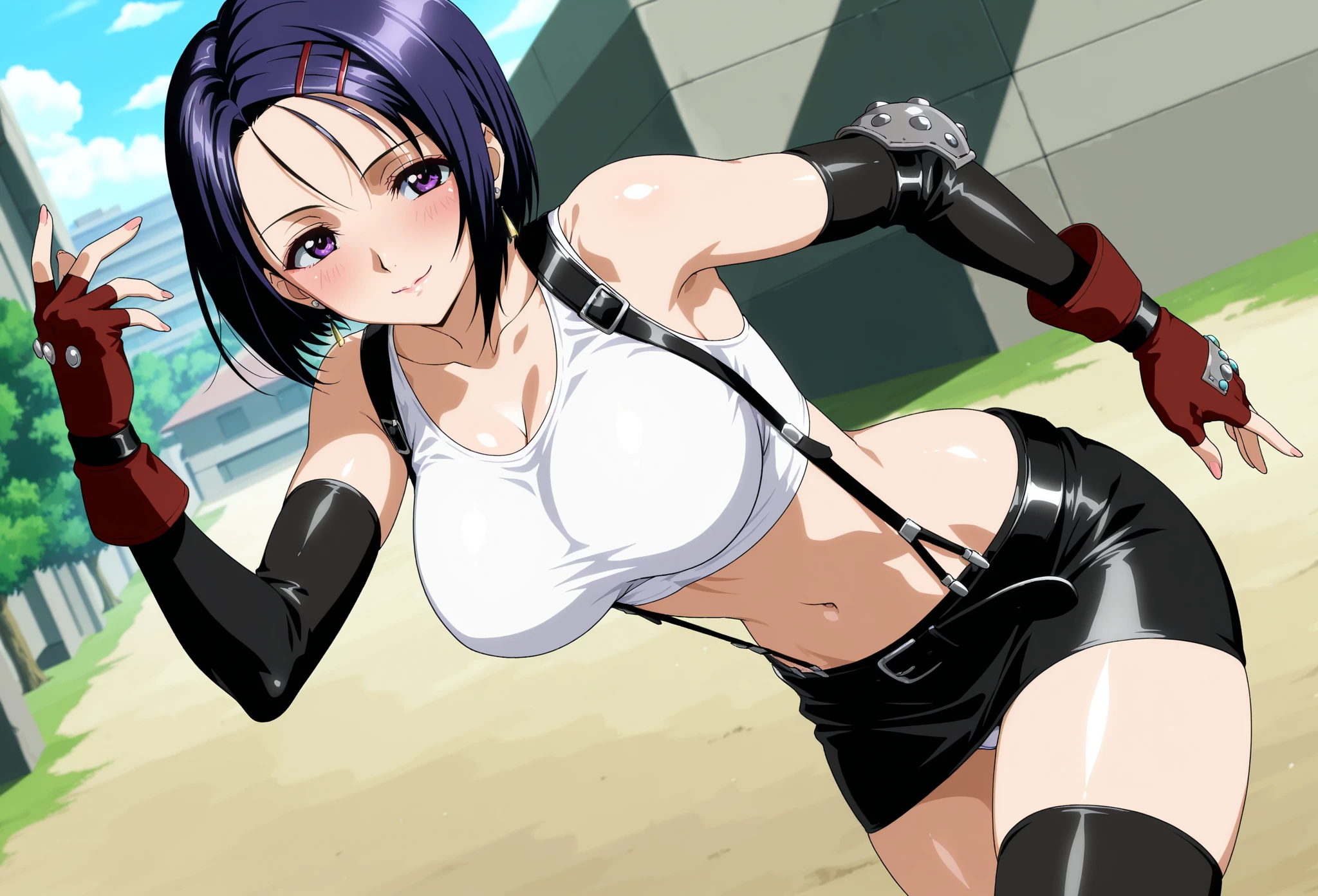 (4k, no angle view, portrait, best quality, cowboy shot), (ultra detailed body, curvy), ((solo, 1 girl)), anime style, hires, ((white background)), (hinata\(boruto\), (female wrestler), (slender body, broad shoulders), (mature woman, milf), (black bikini, micro bikini, ultra detailed pro wrestling gear, long gloves, long boots), (extremely gorgeous), (tilt head, seductive look, ((seductive pose, armpit)), seductive face, seductive expression, smile, closed mouth), (pale skin, shiny skin, lighting and shadow), (dark blue hair color:1.1), wavy hair, ((short hair, hime cut), big breasts, ((detailed arm curves)), (long belly), (very seductive), (perfect eyes, white sciera, bright eyes, white eyes, anime eyes)