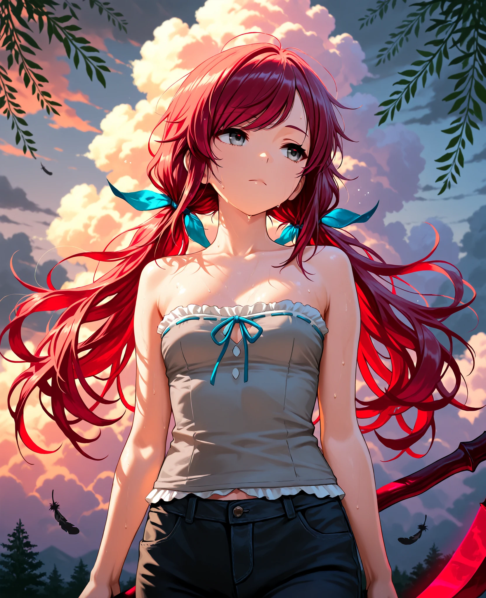 (masterpiece:1.2, Best Quality), (finely detailed beautiful eye: 1.2), (beautiful detailed face), sweat, close up, expressionless, blue ribbons, hair ribbons, strapless sleeveless shirt, gray shirt, shirt with white trim, white frill trim, black jeans,, small breast, dark red hair, long low twin tails, long hair, hair ribbons,gray eyes, swept bangs, colorful flowers, looking away, holding scythe, hand on scythe, holding weapon, feathers on scythe dreamcatcher on scythe, obsidian edge on scythe, shade, dusk, willow tree branches, battoujutsu, storm clouds, drizzle,