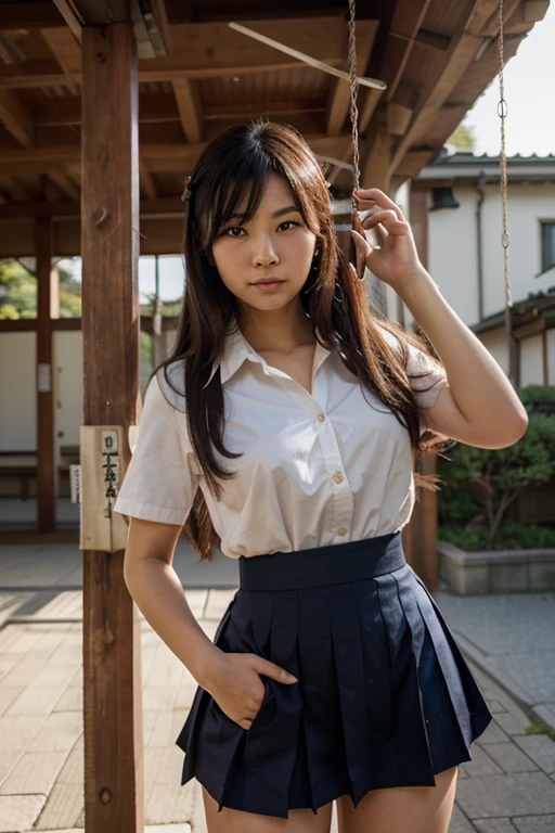 cowboy shot,女の子1人,,(large full breasts:1.2),(Japanese high school girl,Schoolgirl Uniform), bulky figure, massive frame, thick neck, sturdy arms, powerful legs