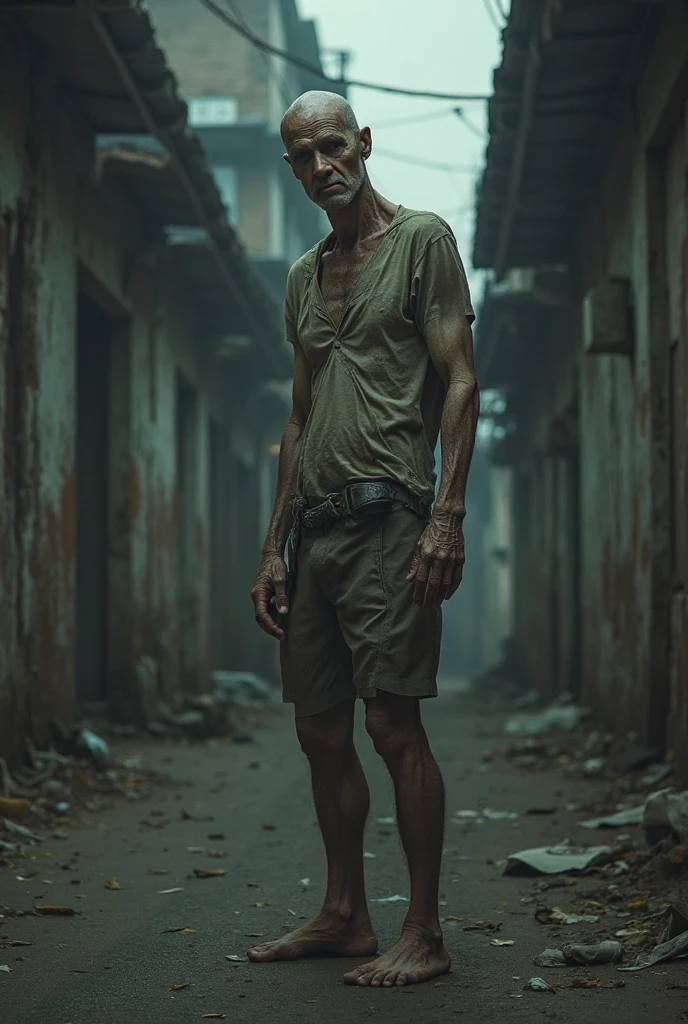Ugly dirty thin homeless man mouth hanging open pants down full side view