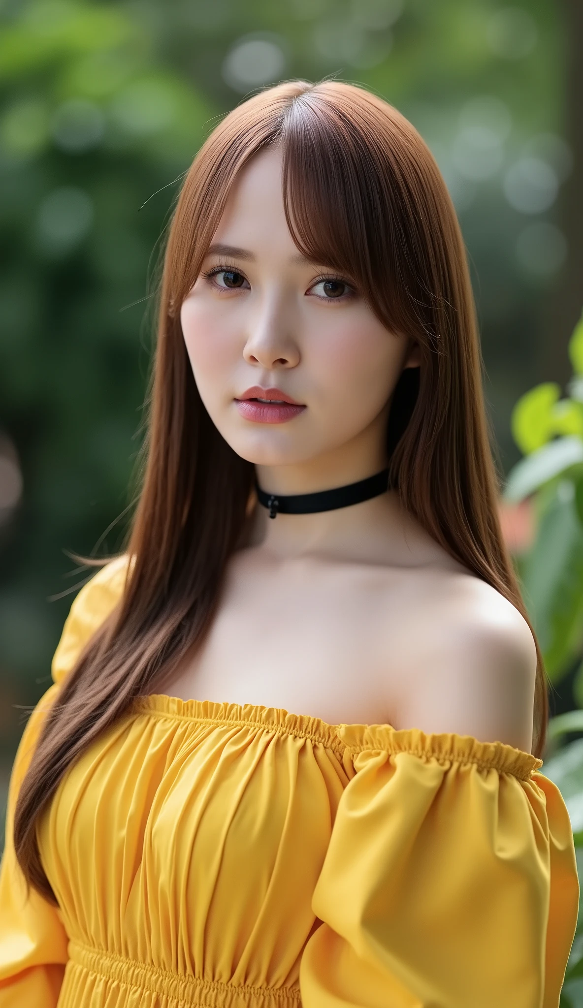 Photorealistic , 8K , ultra-detailed, The image is a portrait of a young Asian woman named katoshi with long brown hair. She is wearing a yellow off-shoulder dress with puffed sleeves and a black choker. she is looking directly at the camera with a neutral expression. The background is blurred, but it appears to be a garden. The overall mood of the image is calm and serene.