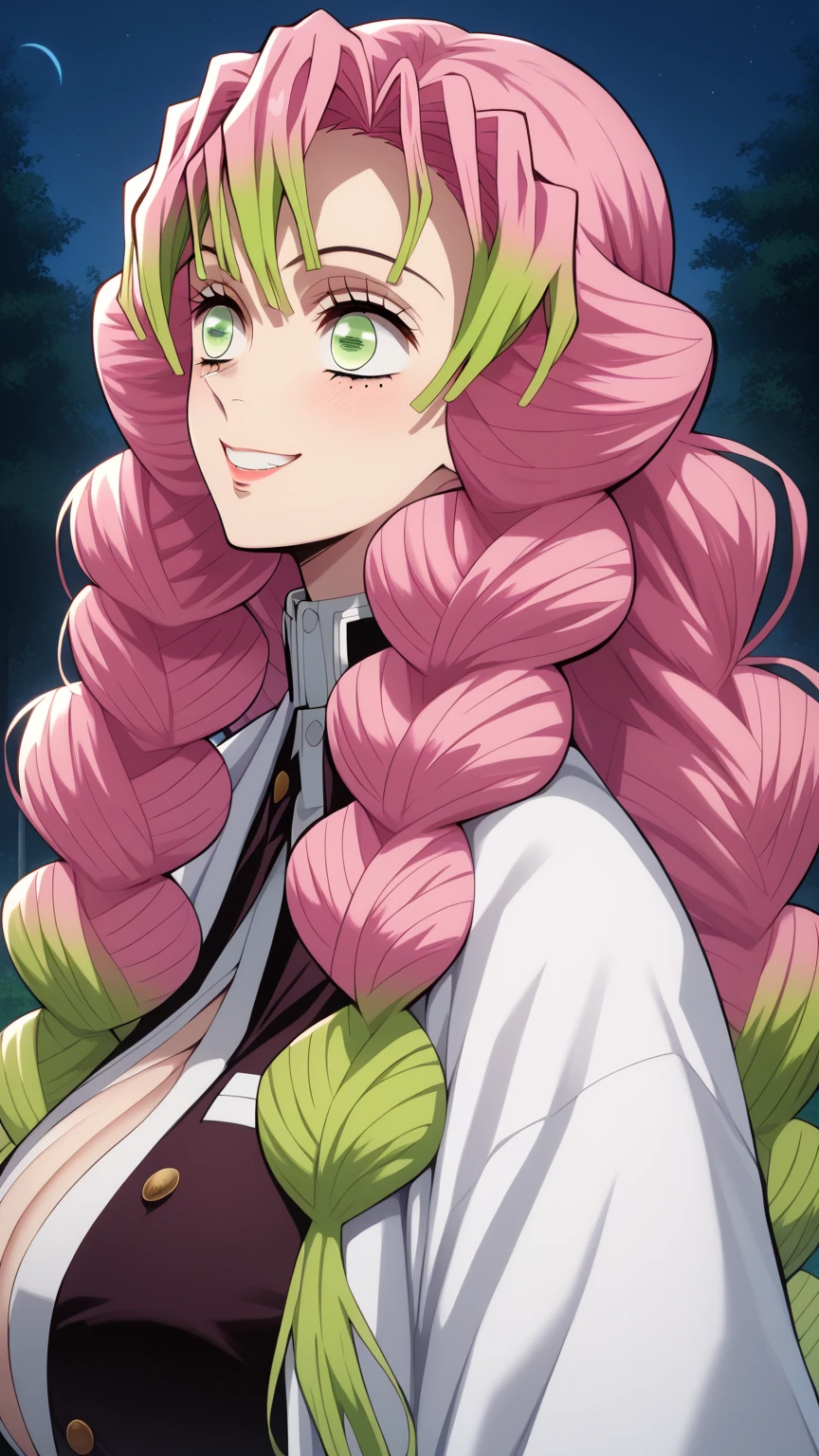 score_9, score_8_up, score_7_up, score_6_up, score_5_up, score_4_up,source_anime,   <lora:M1tsur1Kanr0j1XL_Pony_v1:1> m1tsur1kanr0j1, pink hair, braid, long hair, green eyes,black outfit,cleavage,mole under eye,smile,torn clothes,forest background