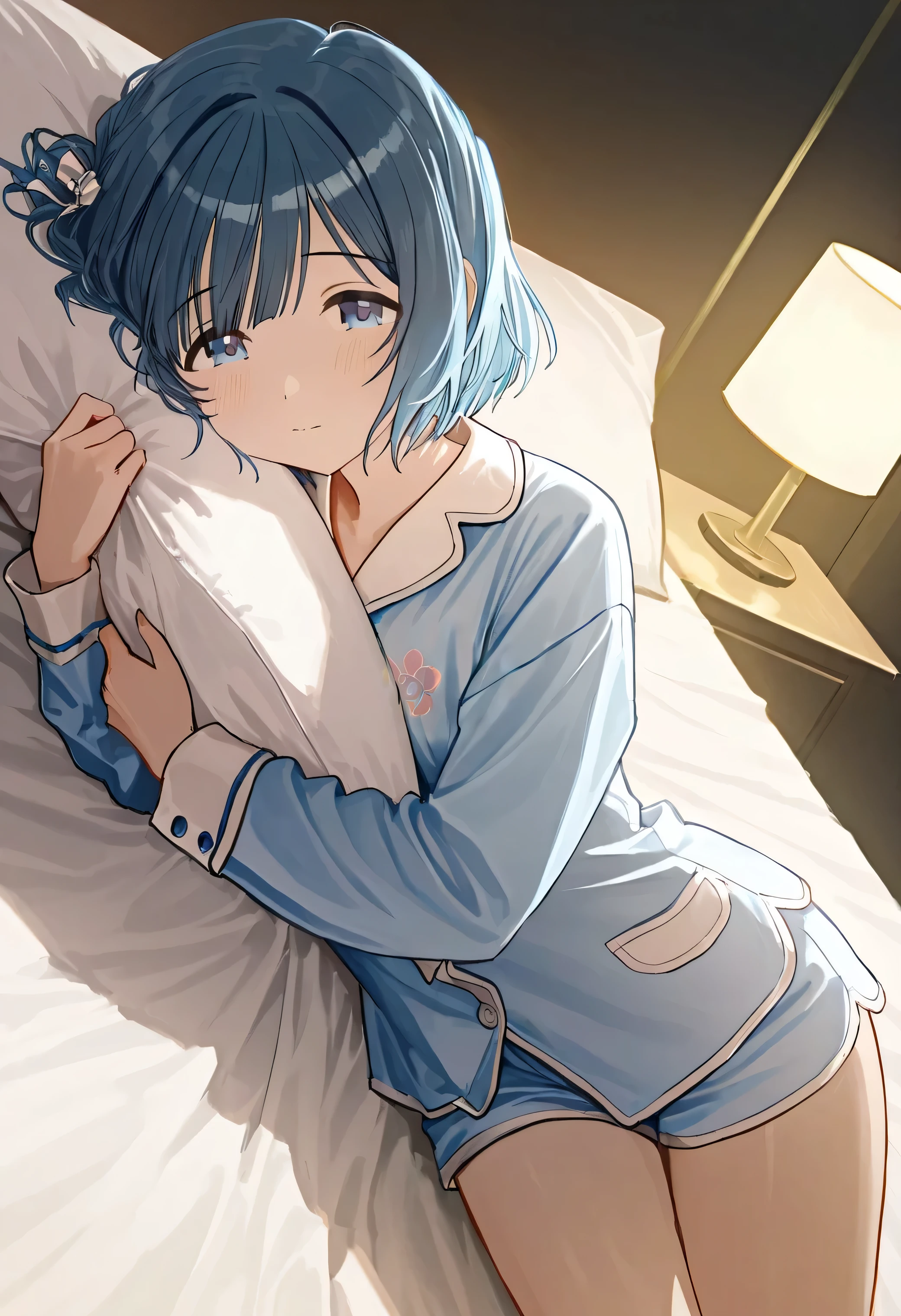 A girl with short blue hair is sleeping on her back in her futon wearing pajamas.、Her face, illuminated by the soft moonlight, is smiling happily with her eyes closed.。Top view。