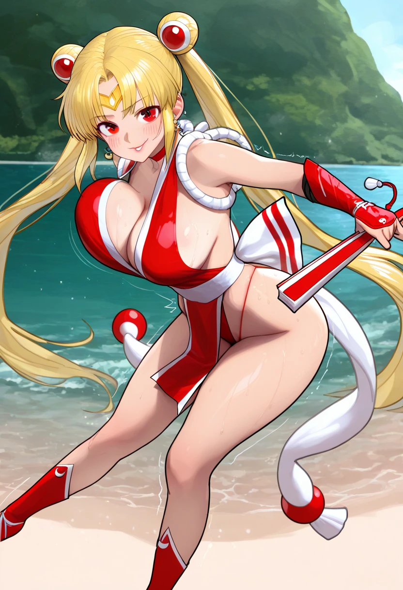 masterpiece, best quality, beautiful art, high resolution, well formed hands, body and fingers, 1 woman, solo, Kate Upton, grown up, adult, cosplaying as Mai Shiranui , adult, big breasted, cleavage full body, long hair, hair ribbon, gorgeous legs and, thighs, sexy Japanese clothes, hair ornament, elbow gloves, dancing seductively and erotically, turning backwards and forwards, showing her back and front, showing her butt, t back, bikini thong, smiling joyfully, sweating ,looking at the viewer, flirting, biting her lips, beach environment