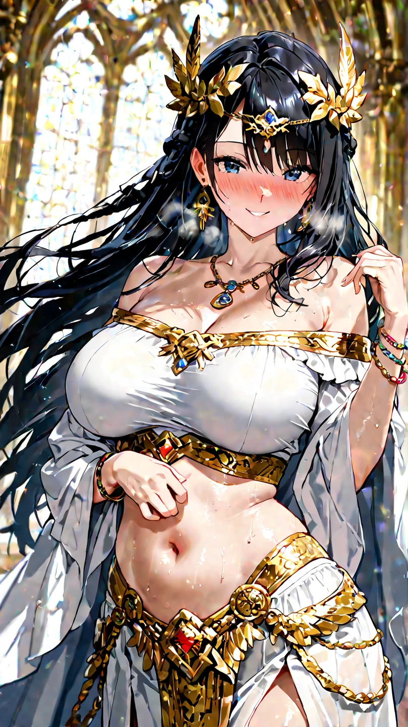 1 girl, black hair, wavy hair, hazel eyes, droopy eyes, mature face, ancient egyptian style, see-through, big breasts, cameltoe, no panties, blurry background, petals, bouqet, blushed, light smile, pepperoni nipples, erect nipples, dancing, bounce, areola slip, tanned skin, body chain, luxury