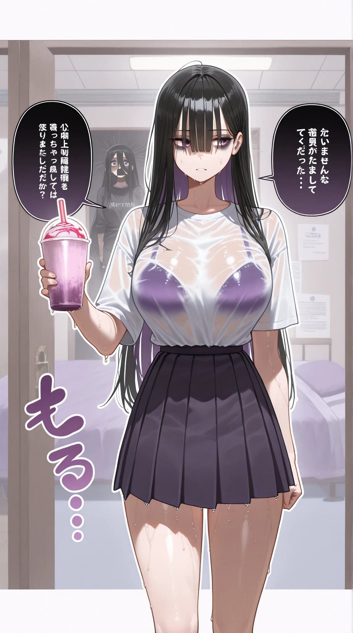 nsfw, amatsukanata
brown hair, blue scrunchie, hair scrunchie, half updo, long hair, pink eyes, large breasts, , , empty eyes , large breasts, nipple, , Peeing, lactation, projectile lactation, Sweets shop, frozen, wet, crying ,, Naked, , (1girl) ,solo