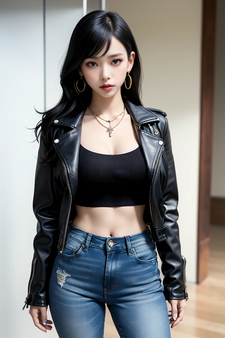 A beautiful woman with long black hair, wearing a necklace, crop tees, jacket, denim shorts, with a perfect, slender figure, tall stature, defined abs, and shapely thighs, photographed in a studio setting,(best quality,4k,8k,highres,masterpiece:1.2),ultra-detailed,(realistic,photorealistic,photo-realistic:1.37),cinematic lighting,dramatic pose,detailed facial features,beautiful detailed eyes,beautiful detailed lips,extremely detailed eyes and face,longeyelashes,high fashion,editorial style,moody color tones,dramatic shadows