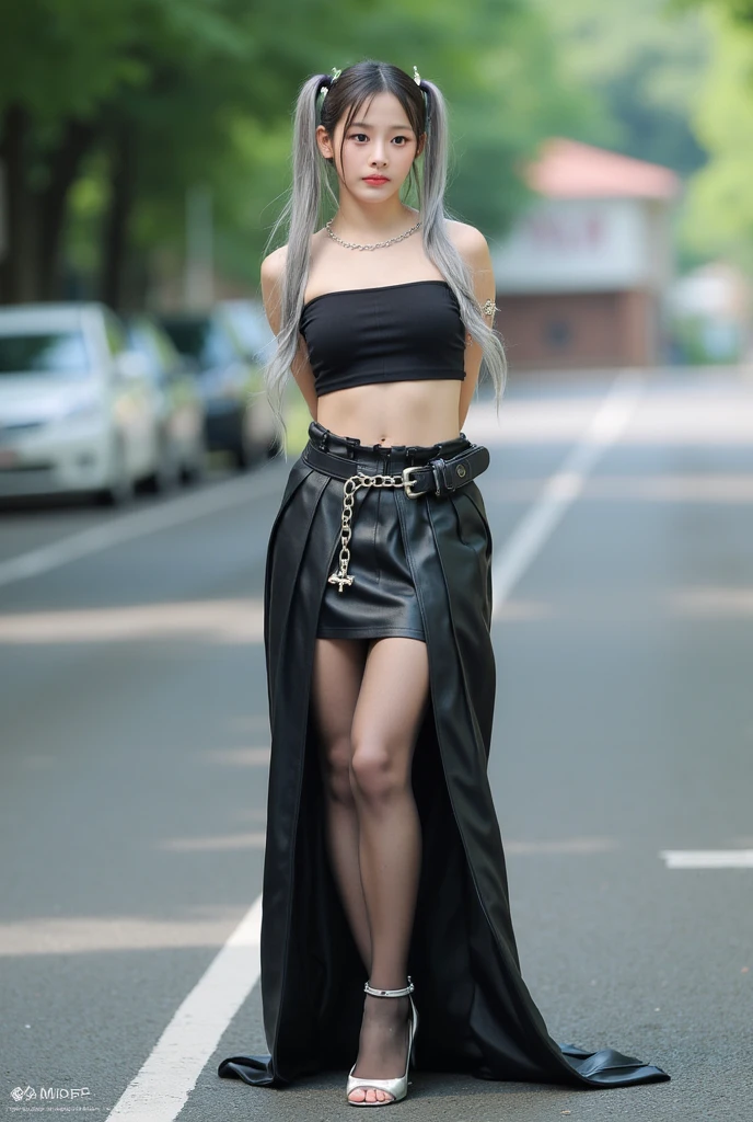 21-year-old woman, white skin, white hair, blue eyes, very smiling, long hair, model body, is in a flirtatious pose and wears black clothes and a black skirt to go shopping while leaving a luxurious house