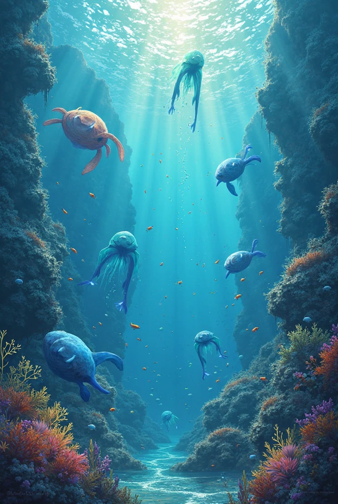 sea turtle, medusa, whale and dolphin swimming happily at the bottom of the sea with lots of lighting c candy and multicoloured coral castles 