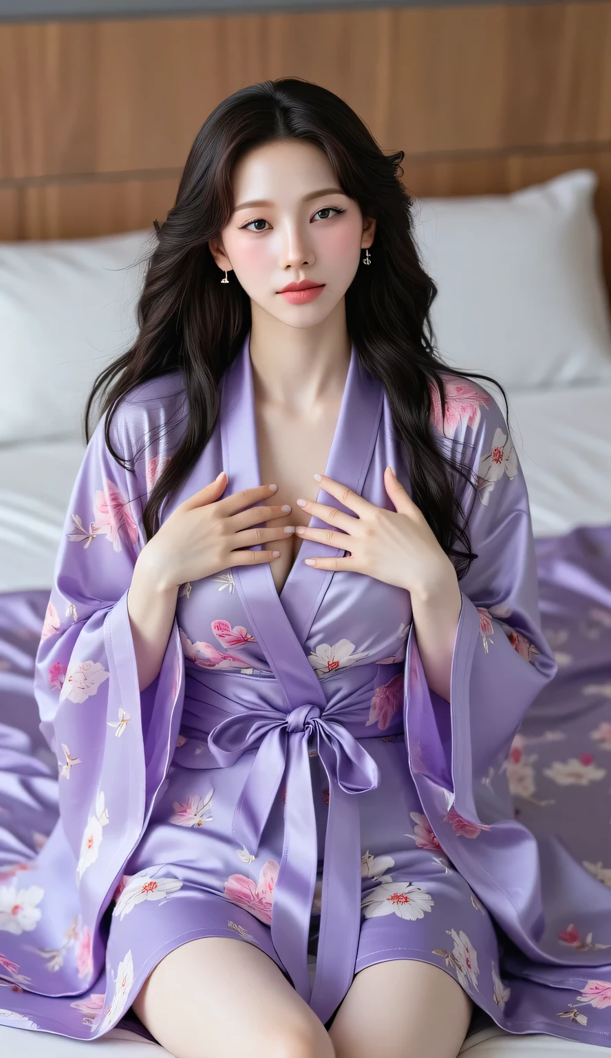 4K, Masterpiece, highres, absurdres, smiling,edgTemptation, a woman wearing a pink flowered robe , wearing edgTemptation, <lora:edgTemptation1:1>