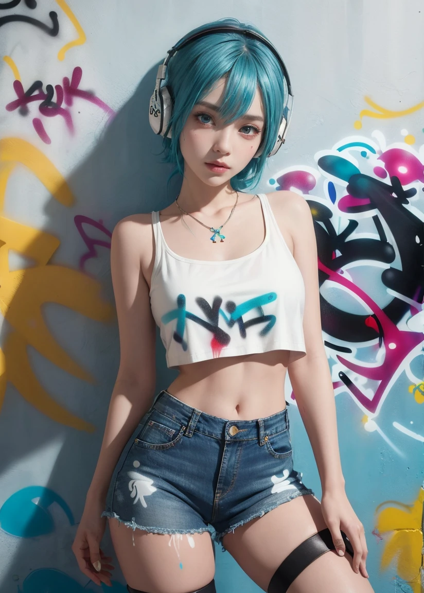 (Raw quality:1.4)、masterpiece, Highest quality, 1 Girl, solo, Crop top, Low-rise denim shorts, Rawhide with 20 cm below the navel exposed, pores, choker, (graffiti:1.5), Paint Splatter, Arms behind back, Hitting a wall, View your viewers, Thigh bandana, Body Paint, Head tilt, boredom, Multicolored Hair, Aqua Eye, headset,